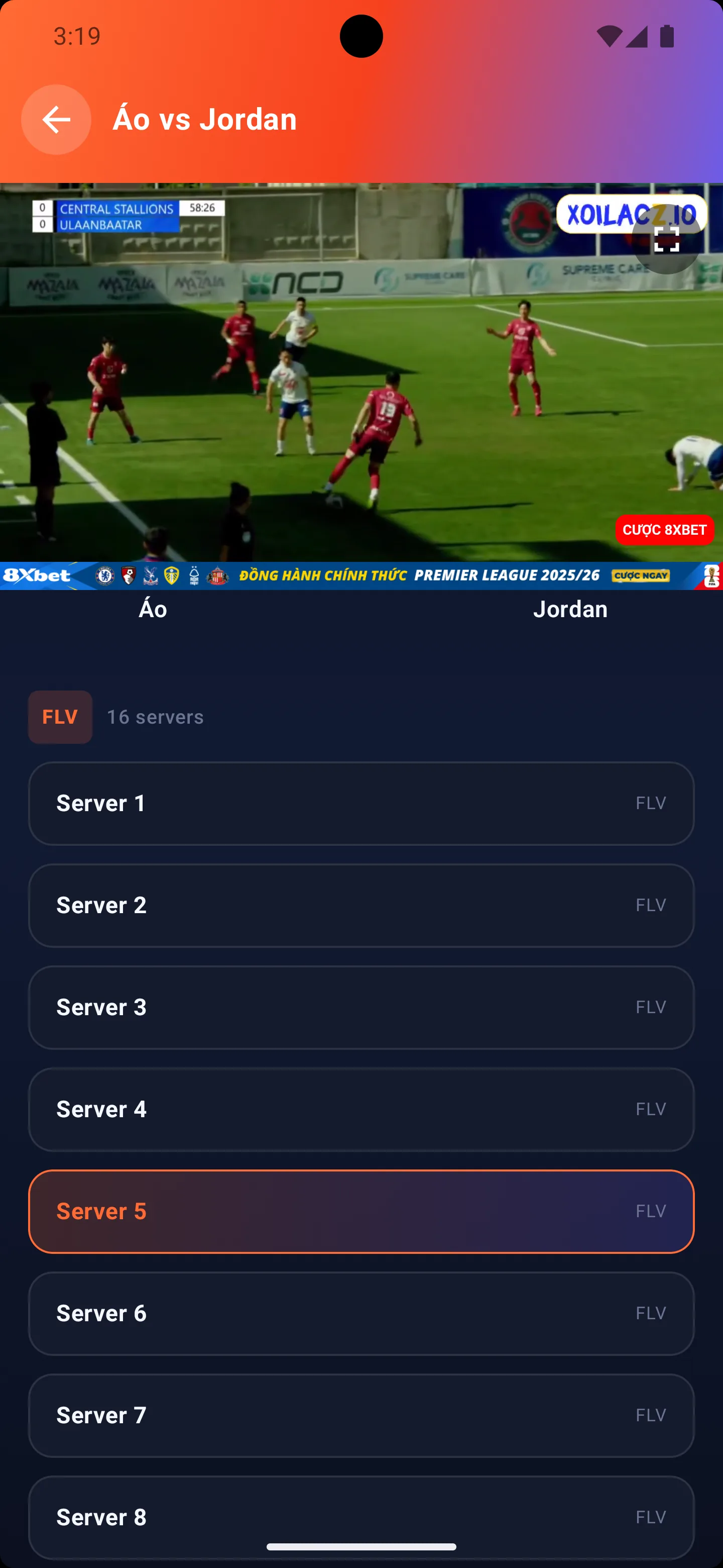 Live Football player screen with server list for a football stream