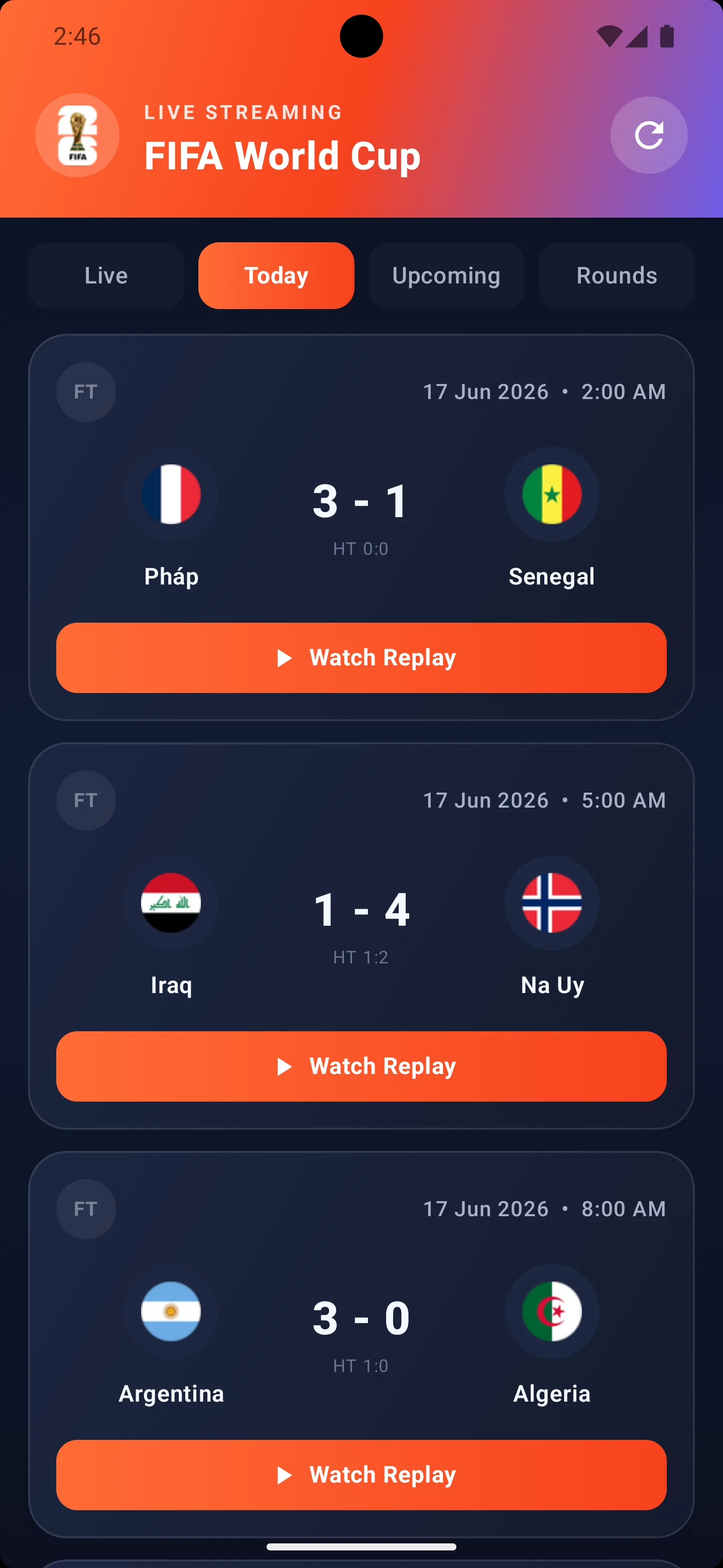 Live Football Today tab showing FIFA World Cup scores and watch replay buttons