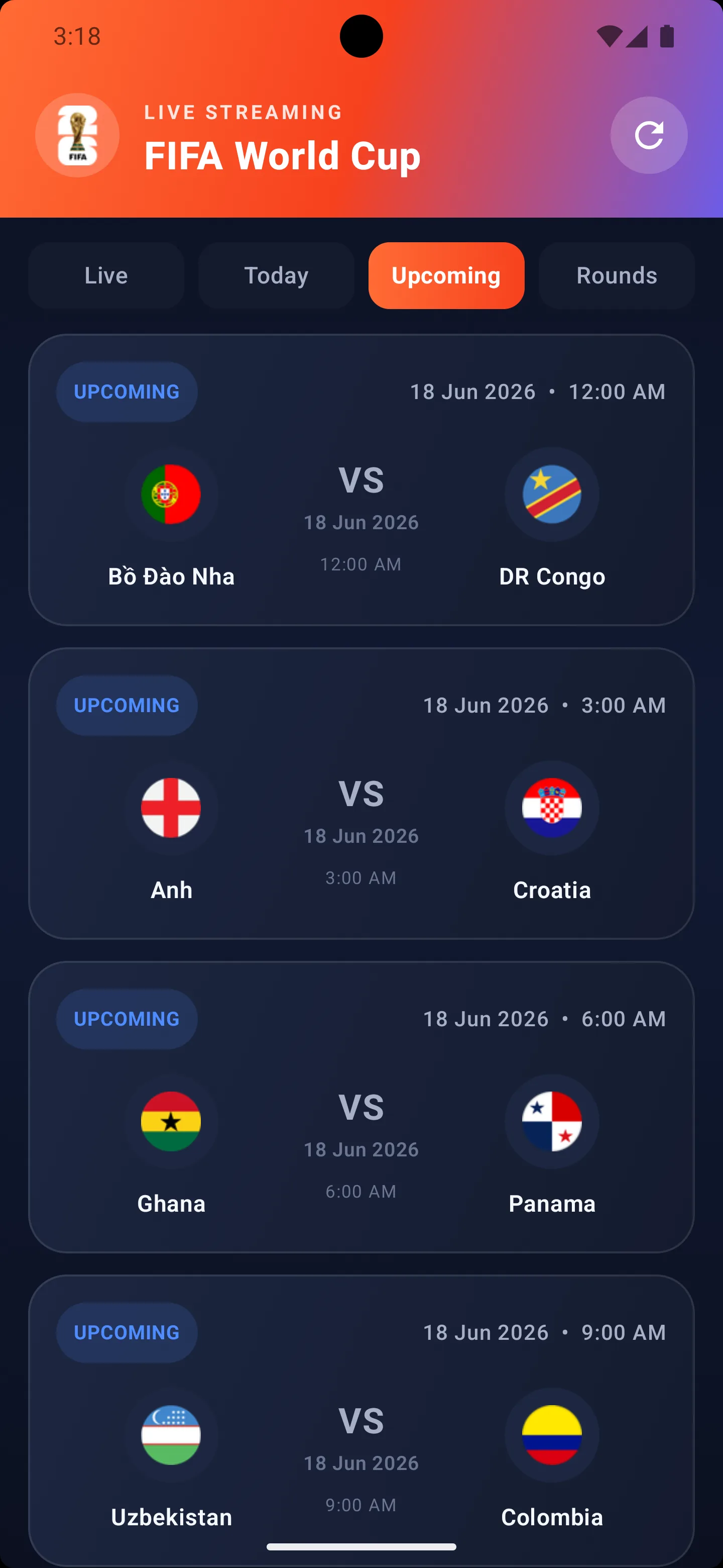 Live Football Upcoming tab showing FIFA World Cup 2026 fixtures
